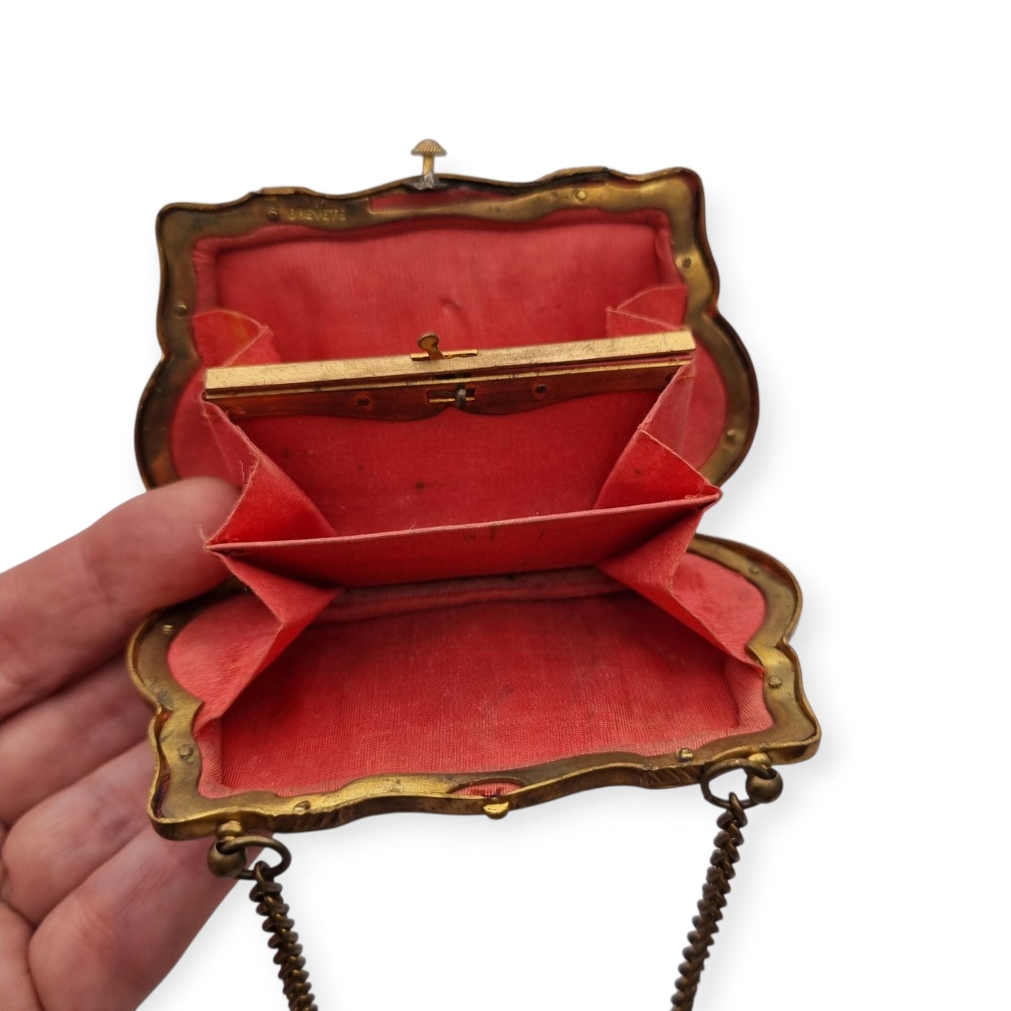 French Art Deco mother-of-pearl floral purse on blue fabric, circa 1925-1935