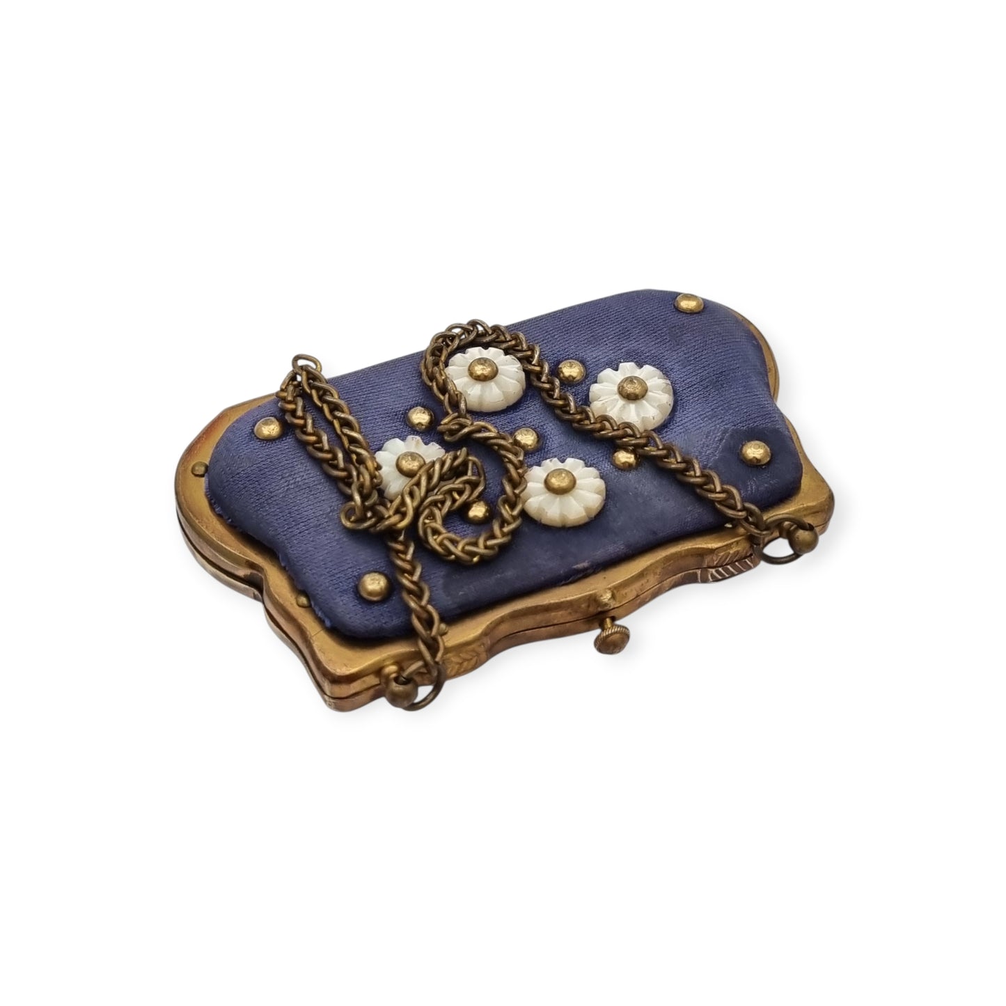 French Art Deco mother-of-pearl floral purse on blue fabric, circa 1925-1935