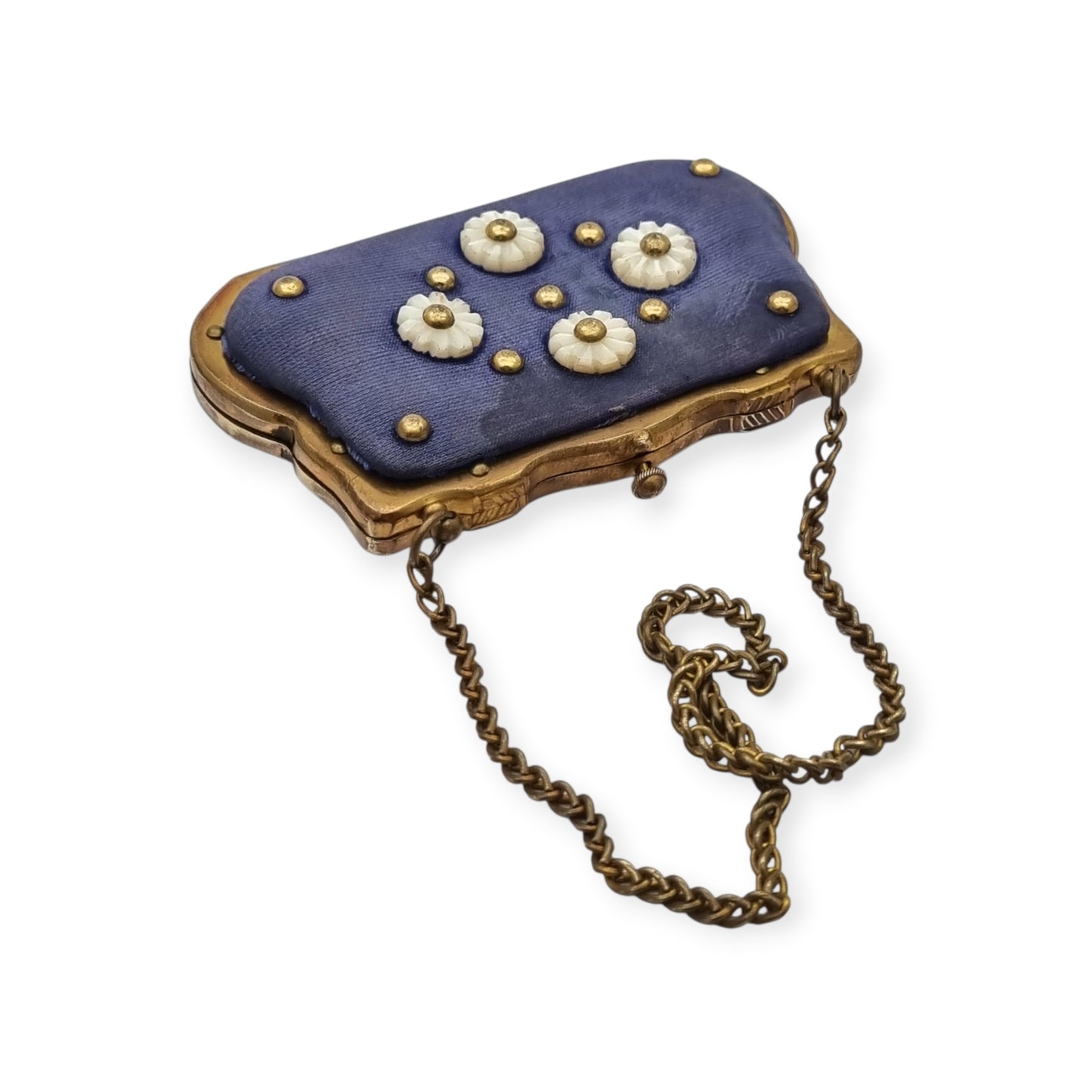 French Art Deco mother-of-pearl floral purse on blue fabric, circa 1925-1935