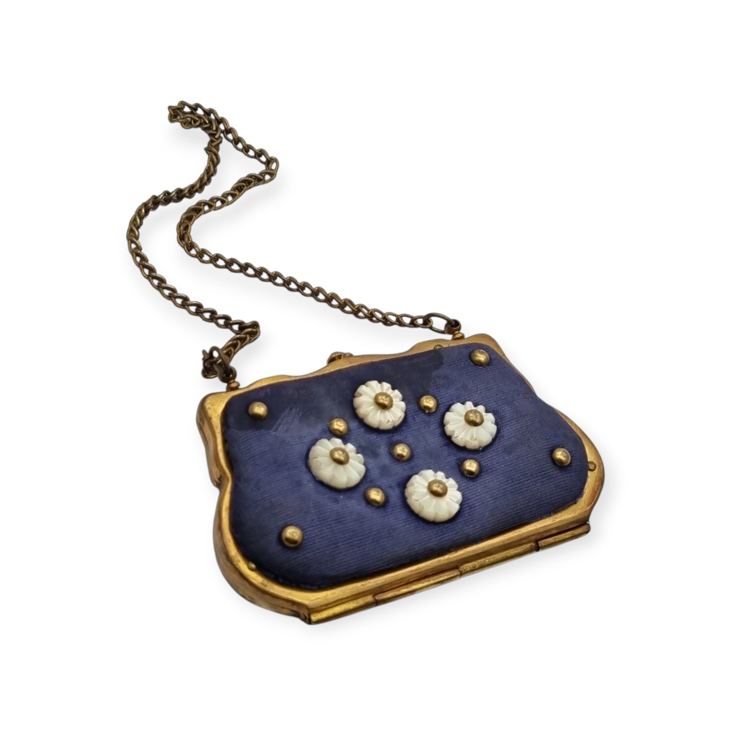 French Art Deco mother-of-pearl floral purse on blue fabric, circa 1925-1935
