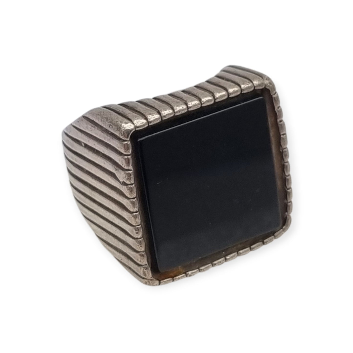 Vintage Italian 925 Silver Geometric Ring with Large Square Black Onyx, circa 1980-90