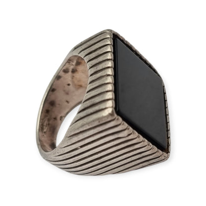 Vintage Italian 925 Silver Geometric Ring with Large Square Black Onyx, circa 1980-90