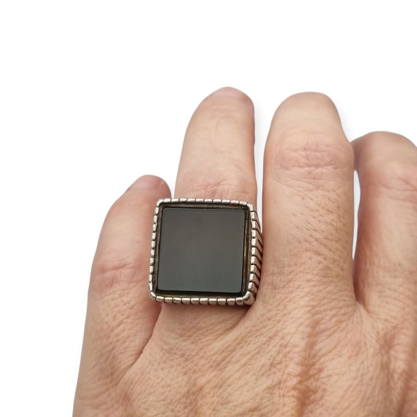 Vintage Italian 925 Silver Geometric Ring with Large Square Black Onyx, circa 1980-90
