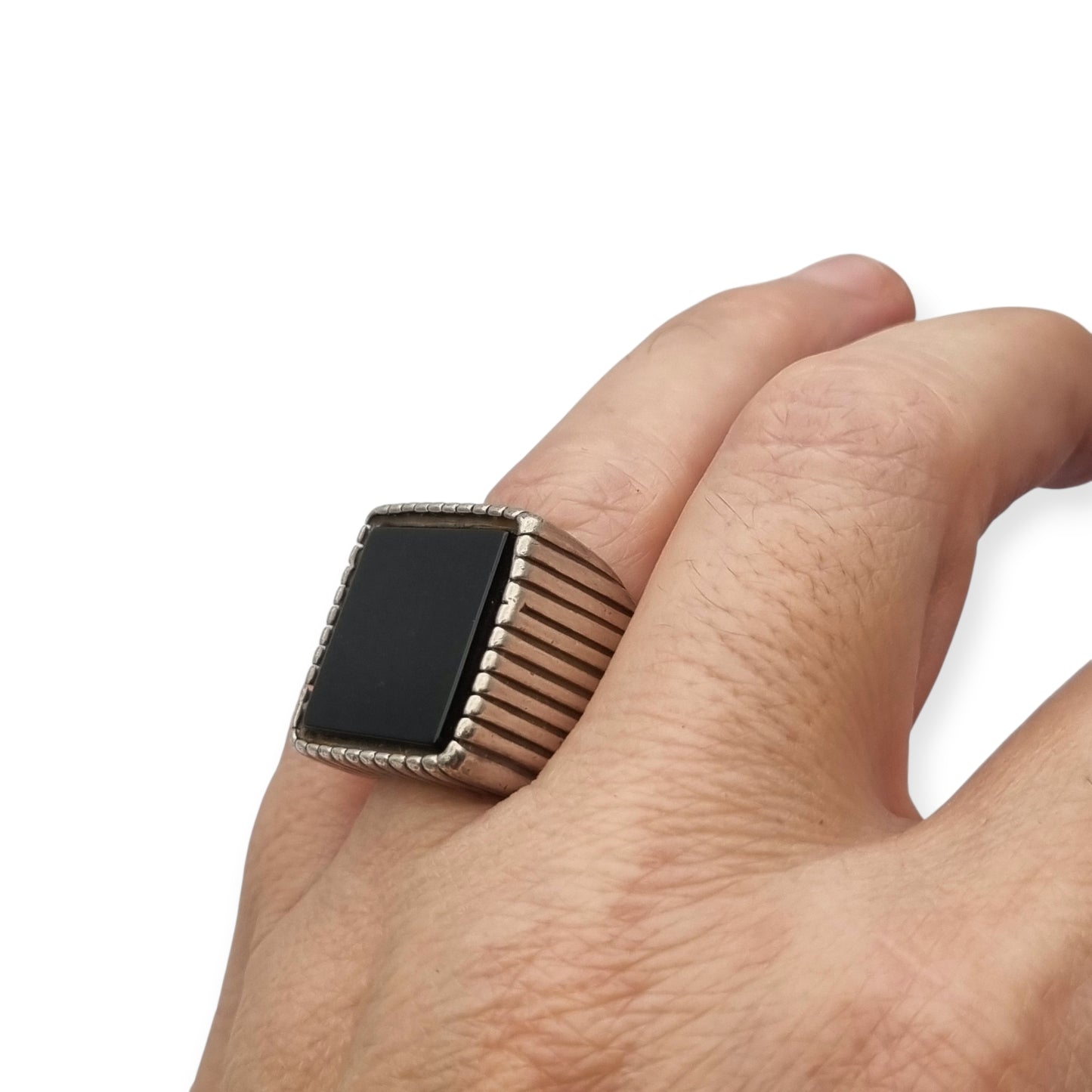 Vintage Italian 925 Silver Geometric Ring with Large Square Black Onyx, circa 1980-90