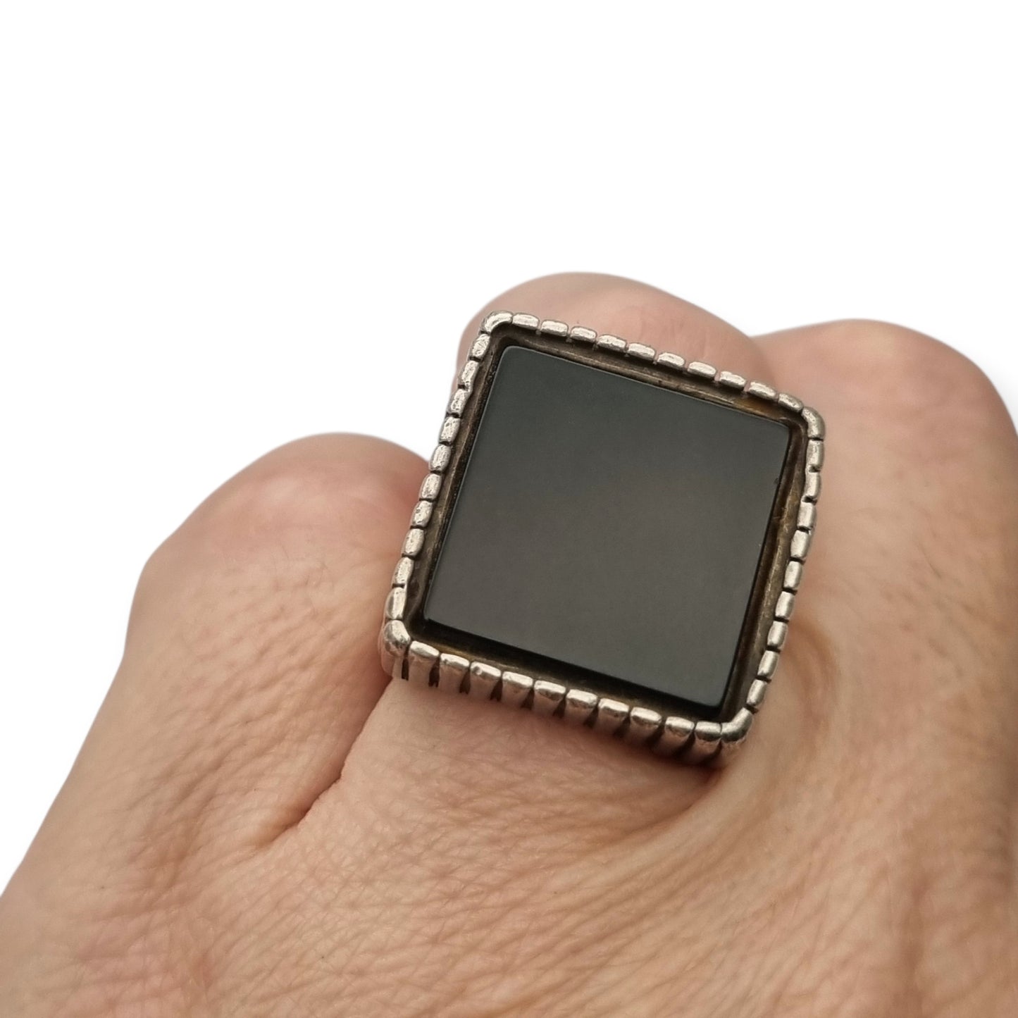 Vintage Italian 925 Silver Geometric Ring with Large Square Black Onyx, circa 1980-90