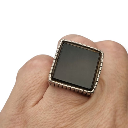 Vintage Italian 925 Silver Geometric Ring with Large Square Black Onyx, circa 1980-90