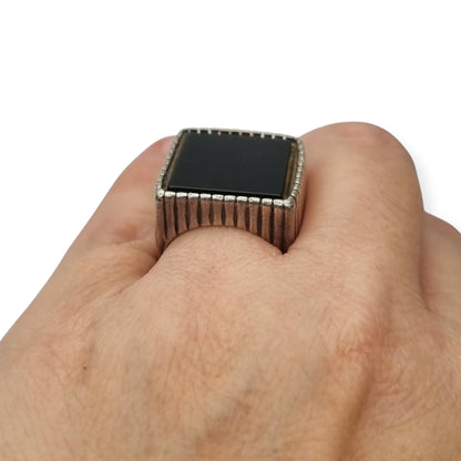 Vintage Italian 925 Silver Geometric Ring with Large Square Black Onyx, circa 1980-90