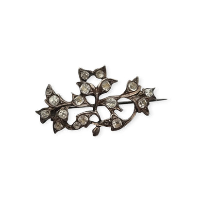 Antique Silver Floral Victorian Brooch with Paste Stones, Edwardian Style, c. 1890–1910