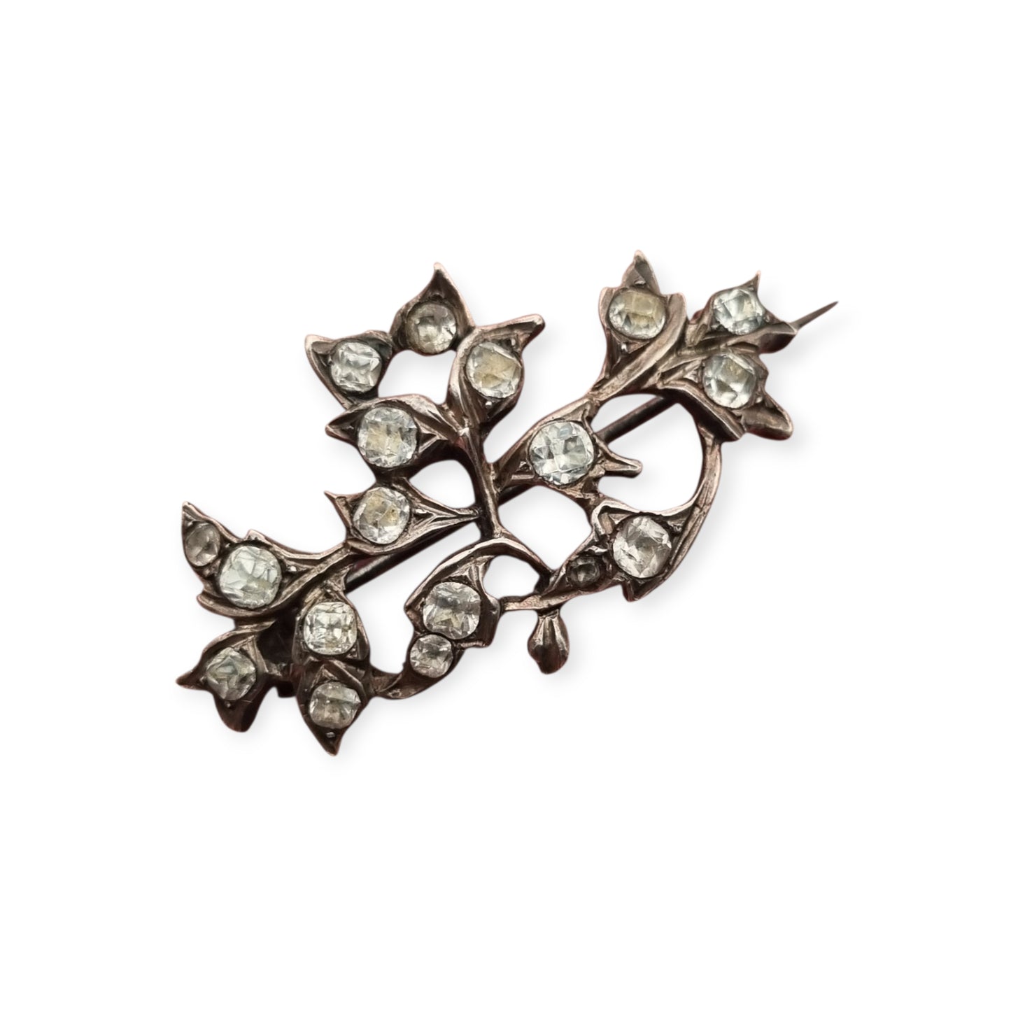 Antique Silver Floral Victorian Brooch with Paste Stones, Edwardian Style, c. 1890–1910