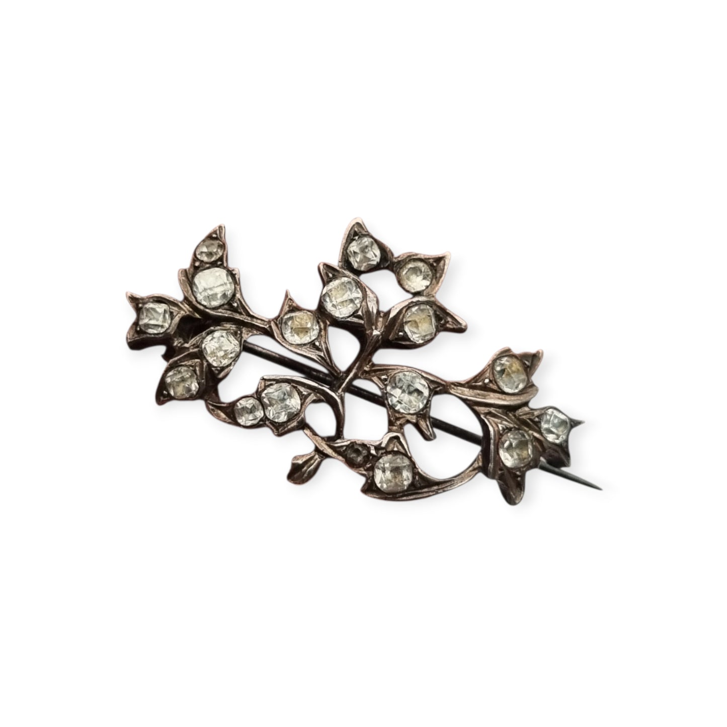 Antique Silver Floral Victorian Brooch with Paste Stones, Edwardian Style, c. 1890–1910
