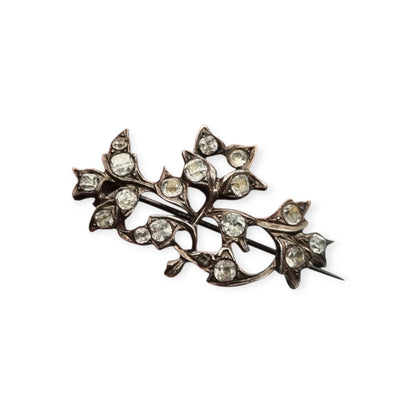 Antique Silver Floral Victorian Brooch with Paste Stones, Edwardian Style, c. 1890–1910