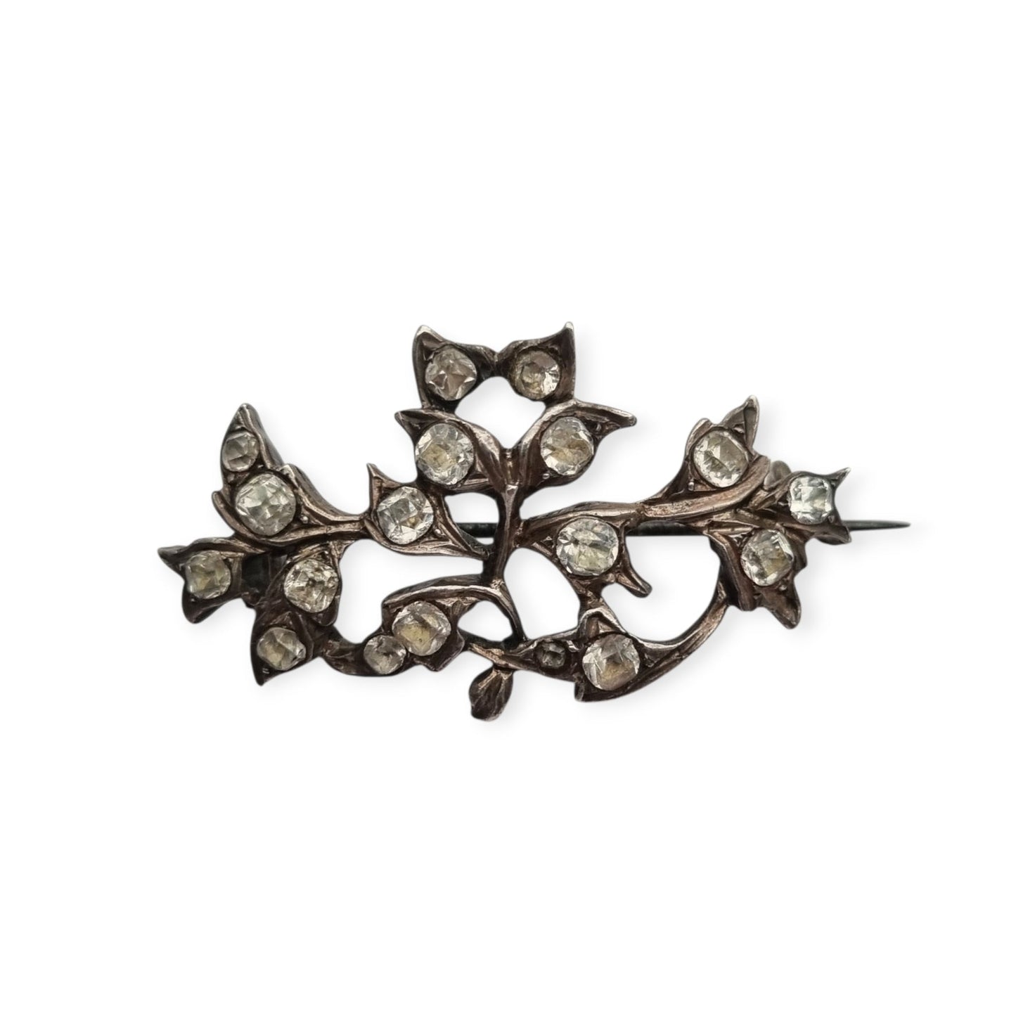 Antique Silver Floral Victorian Brooch with Paste Stones, Edwardian Style, c. 1890–1910