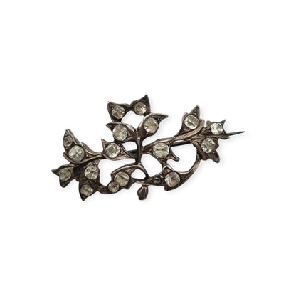 Antique Silver Floral Victorian Brooch with Paste Stones, Edwardian Style, c. 1890–1910