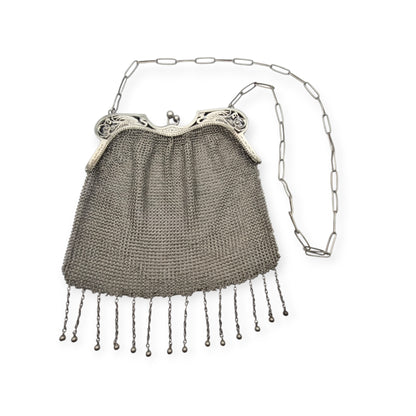 Bolso Antiguo de Malla en Plata 800 Art Nouveau con Boquilla Calada y Aves Estilizadas ca. 190