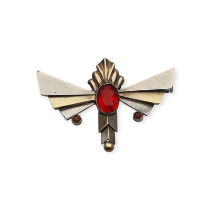Broche Art Déco de plata con cristal rojo facetado, joyería geométrica española, circa 1930