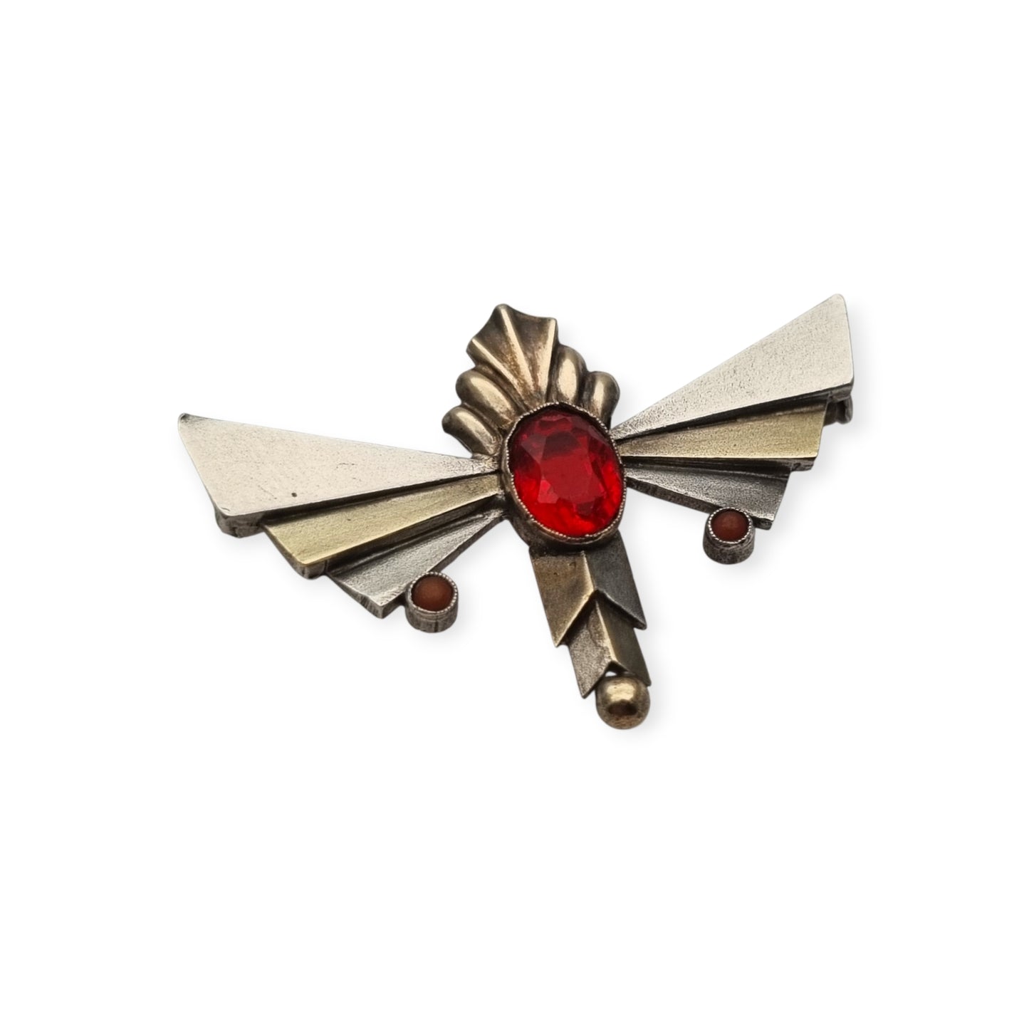Broche Art Déco de plata con cristal rojo facetado, joyería geométrica española, circa 1930