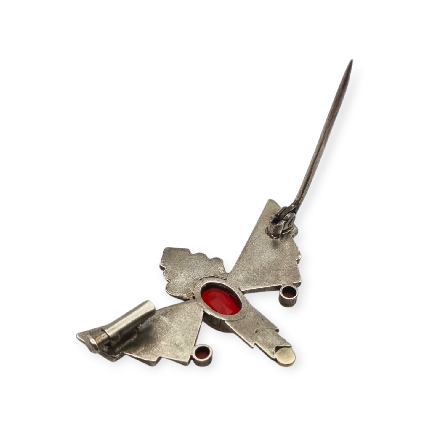 Broche Art Déco de plata con cristal rojo facetado, joyería geométrica española, circa 1930
