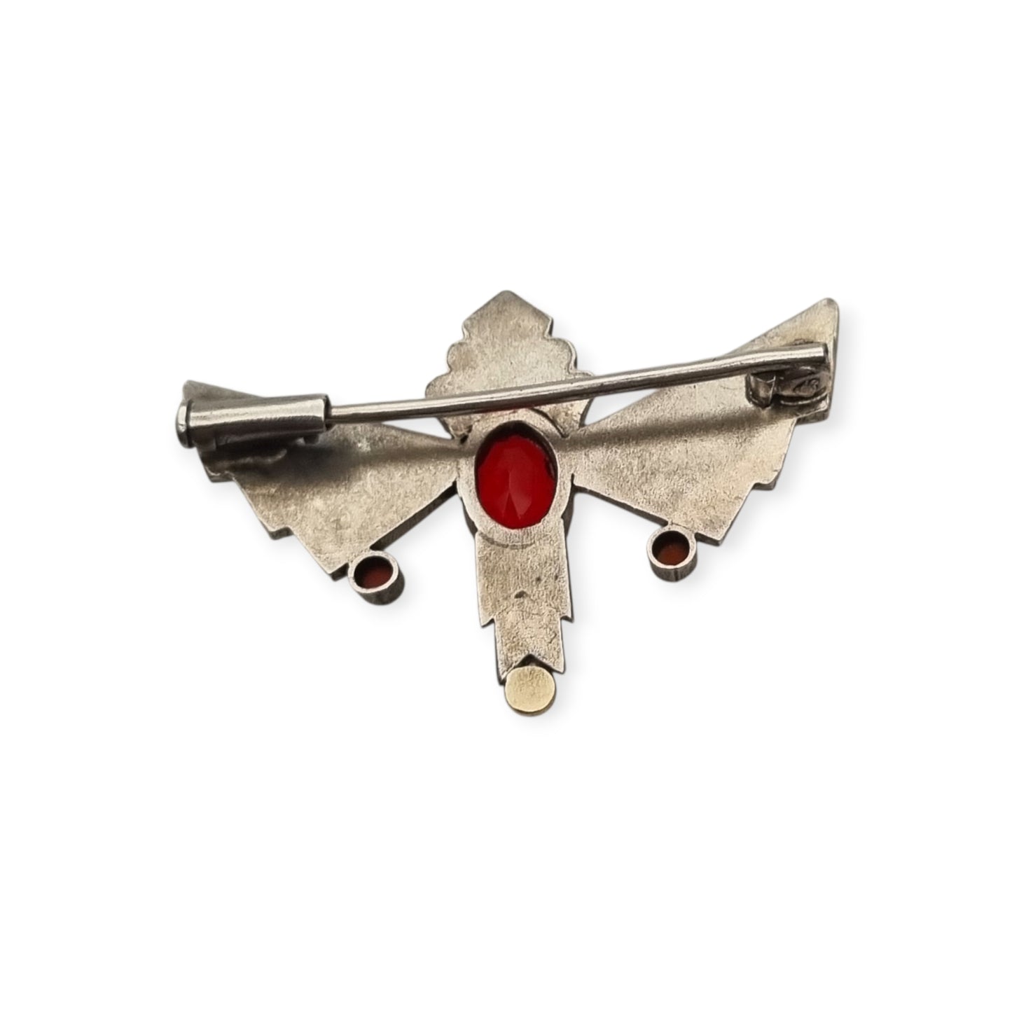 Broche Art Déco de plata con cristal rojo facetado, joyería geométrica española, circa 1930