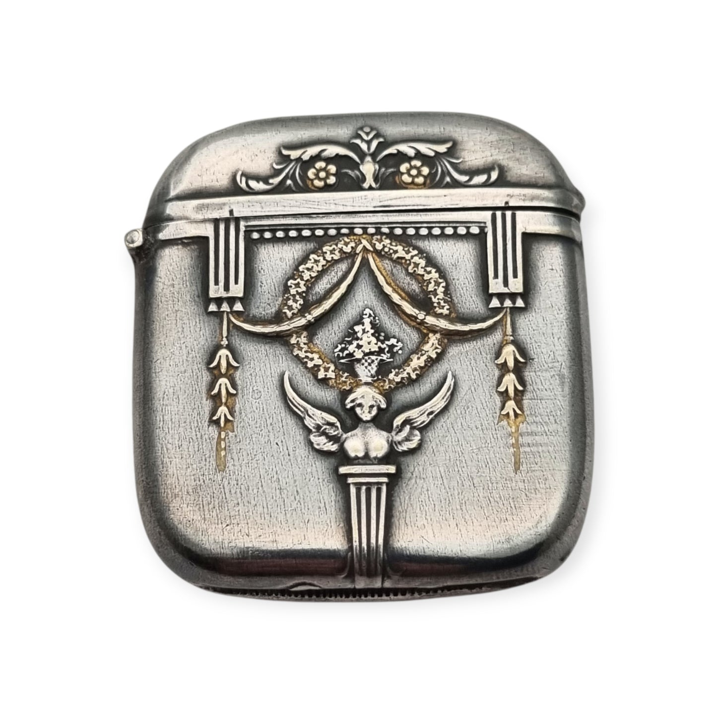 Belle Époque silver-plated pocket match safe, Neoclassical style circa 1890–1920