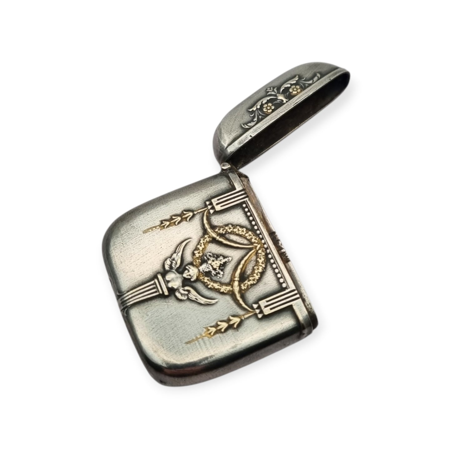 Belle Époque silver-plated pocket match safe, Neoclassical style circa 1890–1920