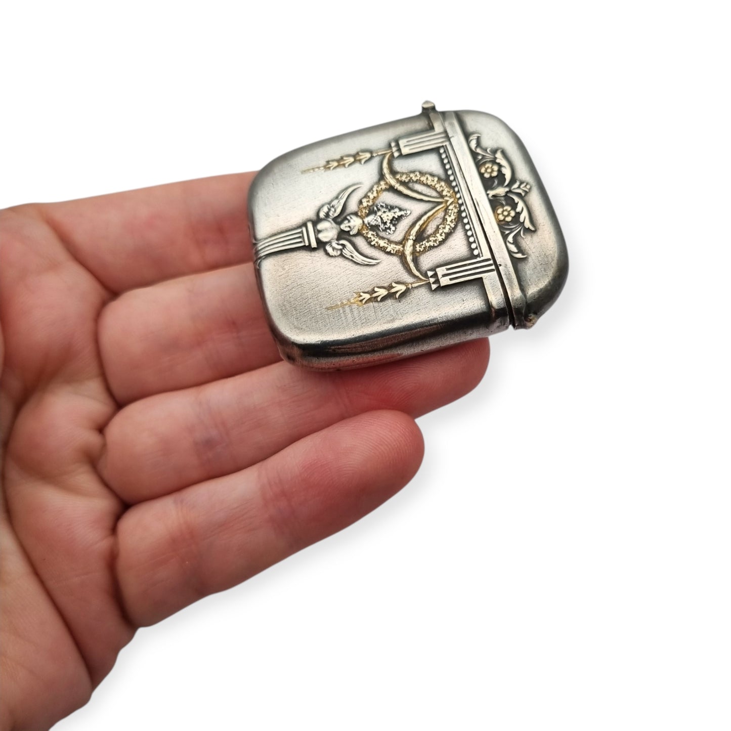 Belle Époque silver-plated pocket match safe, Neoclassical style circa 1890–1920