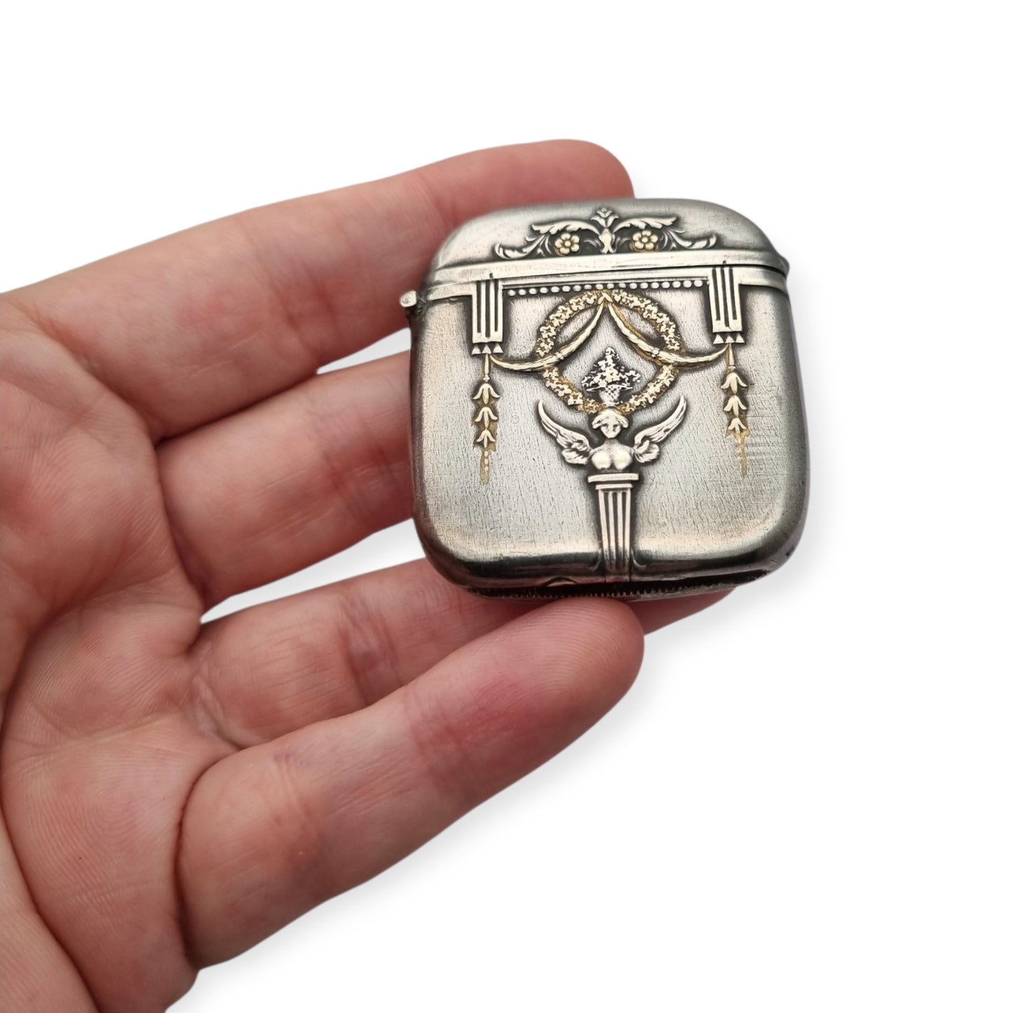 Belle Époque silver-plated pocket match safe, Neoclassical style circa 1890–1920