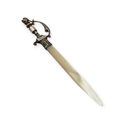 French Fourvière letter opener with mother-of-pearl blade and two-tone handle, Neo-medieval style circa 1900–1930