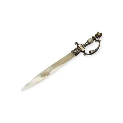 French Fourvière letter opener with mother-of-pearl blade and two-tone handle, Neo-medieval style circa 1900–1930