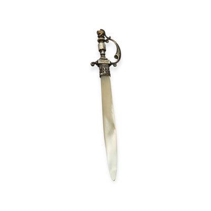 French Fourvière letter opener with mother-of-pearl blade and two-tone handle, Neo-medieval style circa 1900–1930