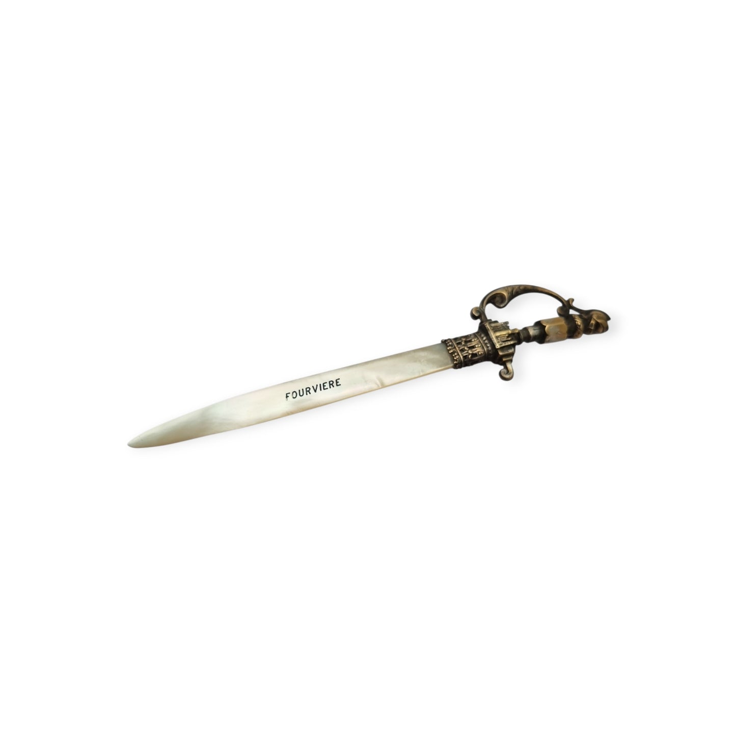 French Fourvière letter opener with mother-of-pearl blade and two-tone handle, Neo-medieval style circa 1900–1930