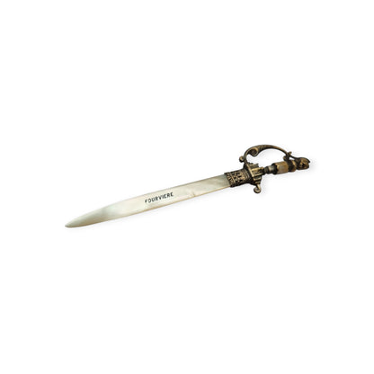 French Fourvière letter opener with mother-of-pearl blade and two-tone handle, Neo-medieval style circa 1900–1930