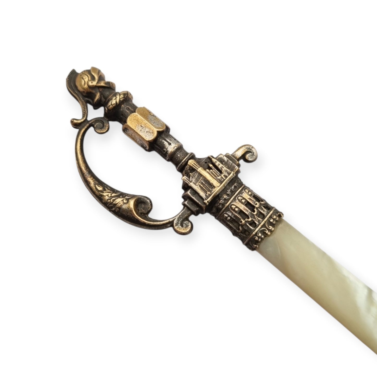 French Fourvière letter opener with mother-of-pearl blade and two-tone handle, Neo-medieval style circa 1900–1930