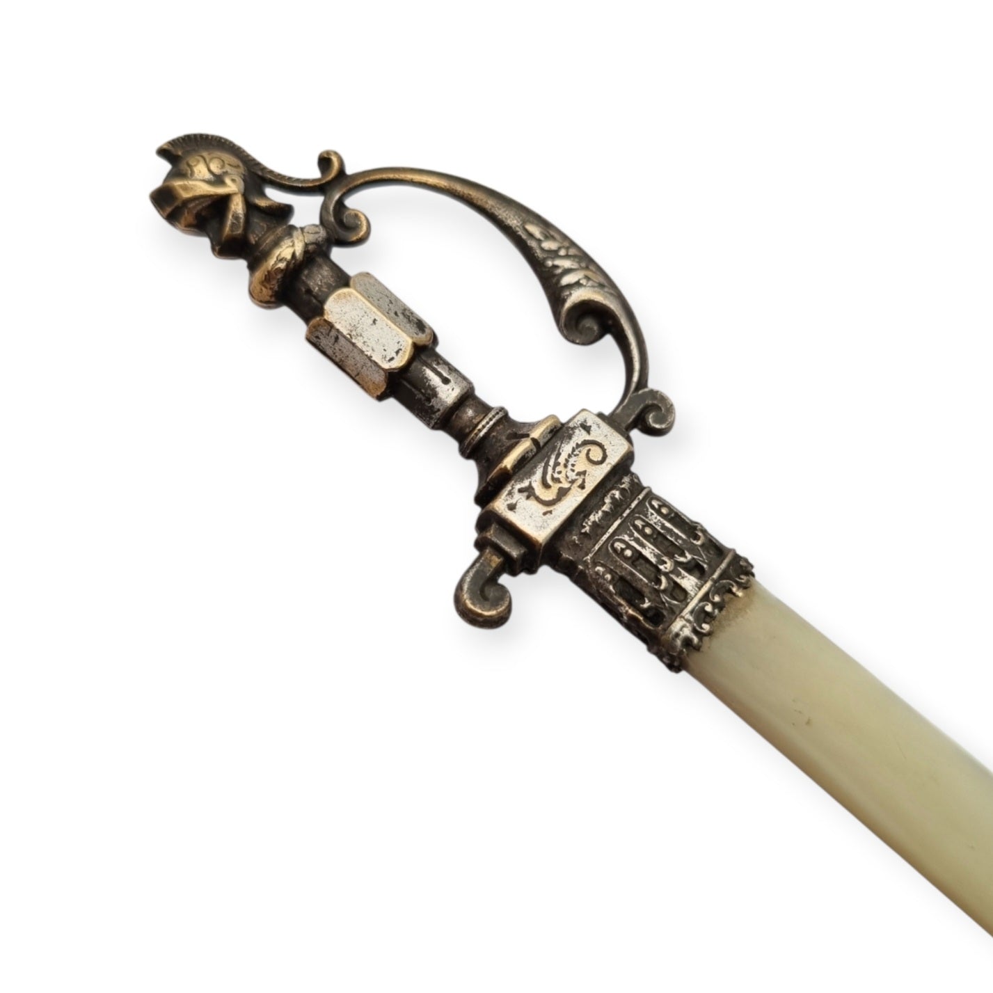 French Fourvière letter opener with mother-of-pearl blade and two-tone handle, Neo-medieval style circa 1900–1930