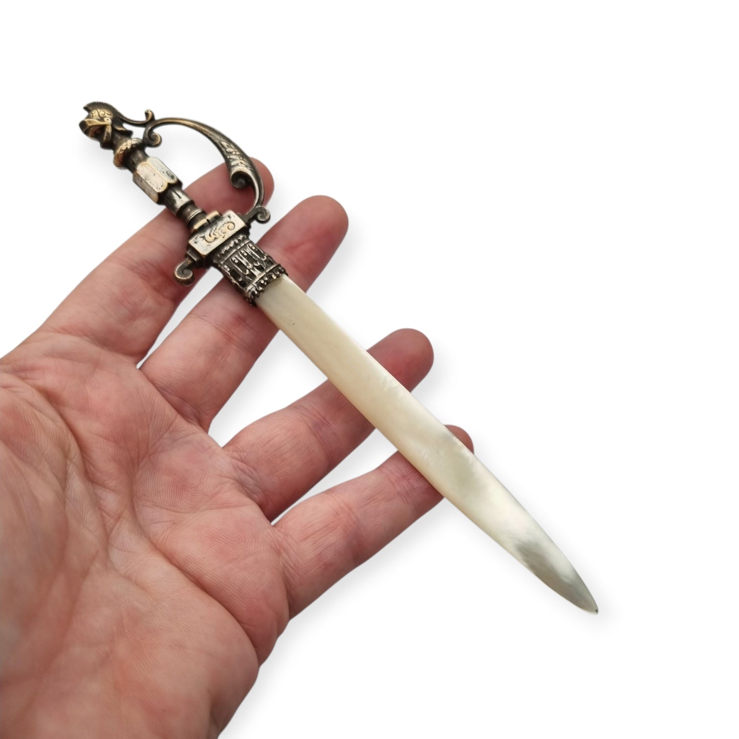 French Fourvière letter opener with mother-of-pearl blade and two-tone handle, Neo-medieval style circa 1900–1930