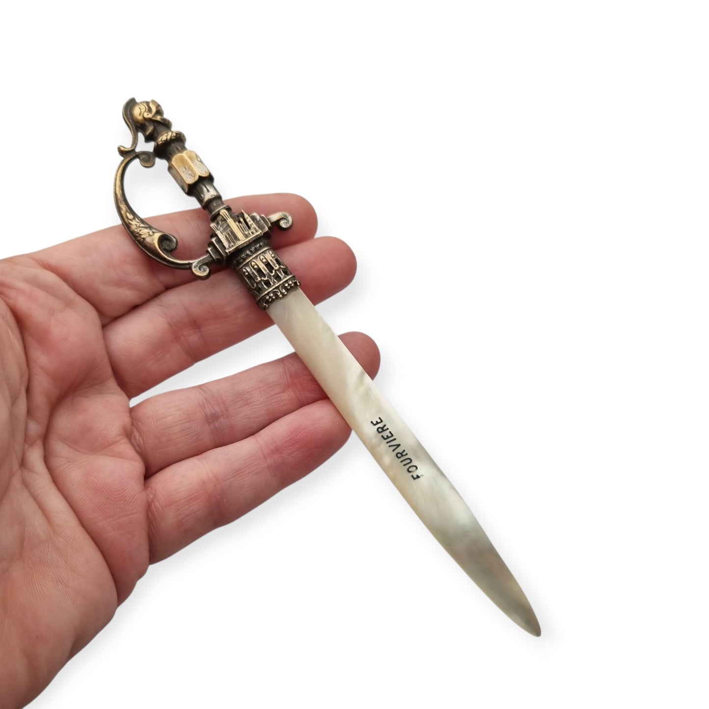 French Fourvière letter opener with mother-of-pearl blade and two-tone handle, Neo-medieval style circa 1900–1930