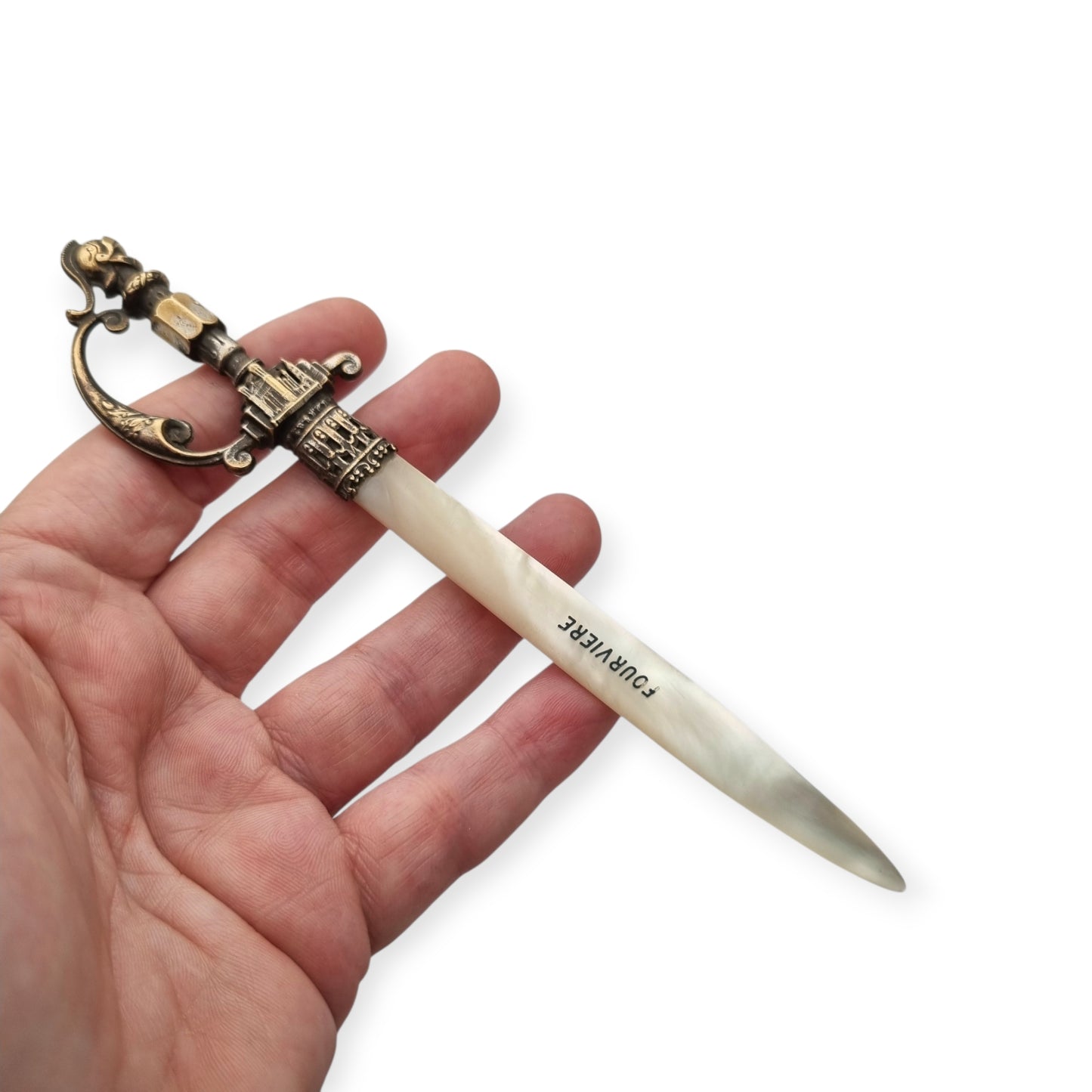 French Fourvière letter opener with mother-of-pearl blade and two-tone handle, Neo-medieval style circa 1900–1930