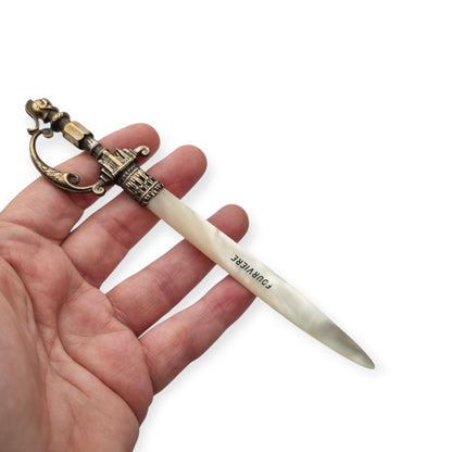 French Fourvière letter opener with mother-of-pearl blade and two-tone handle, Neo-medieval style circa 1900–1930