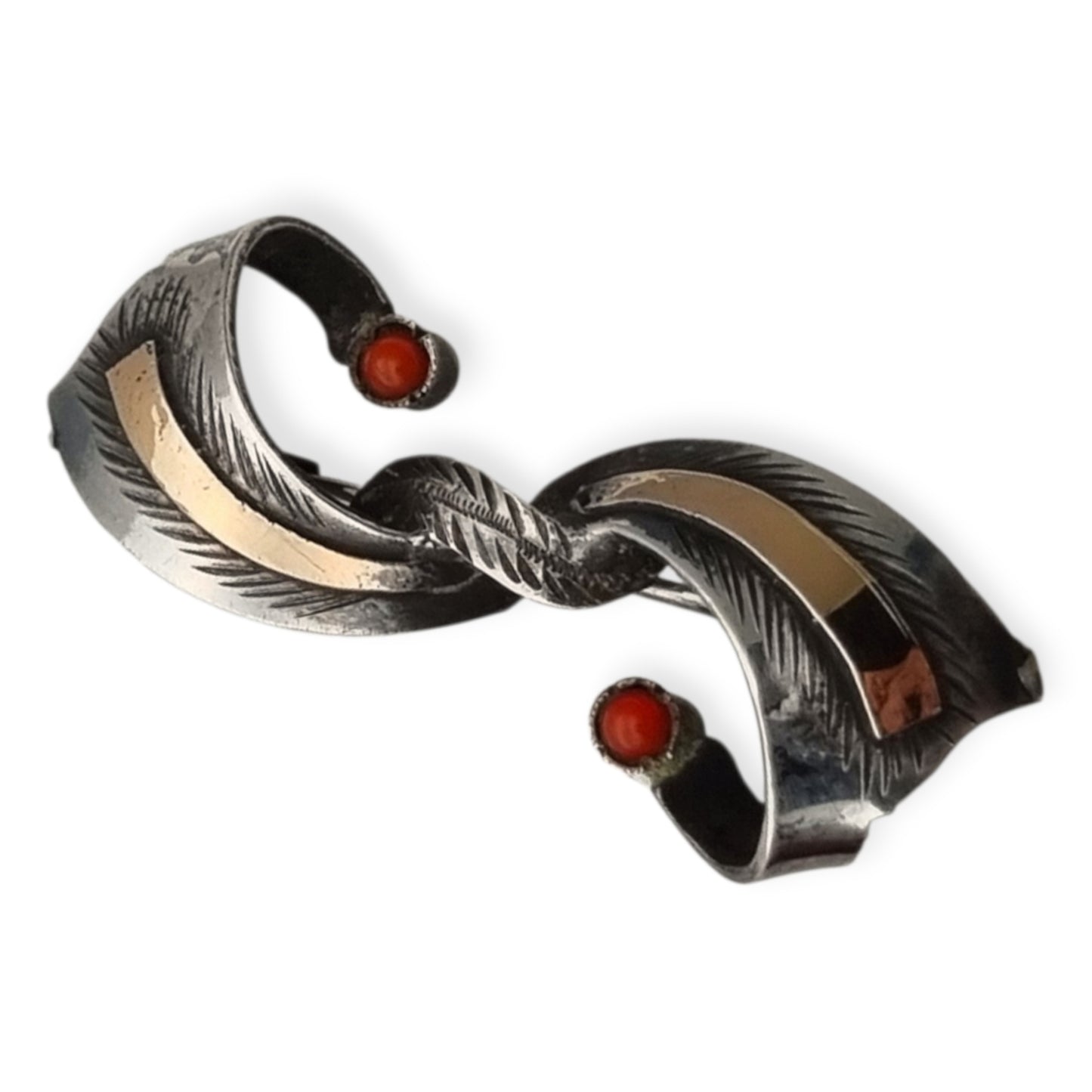 Broche Art Déco español en plata con vistas de oro y cabujones rojos, joyería antigua circa 1940–1950