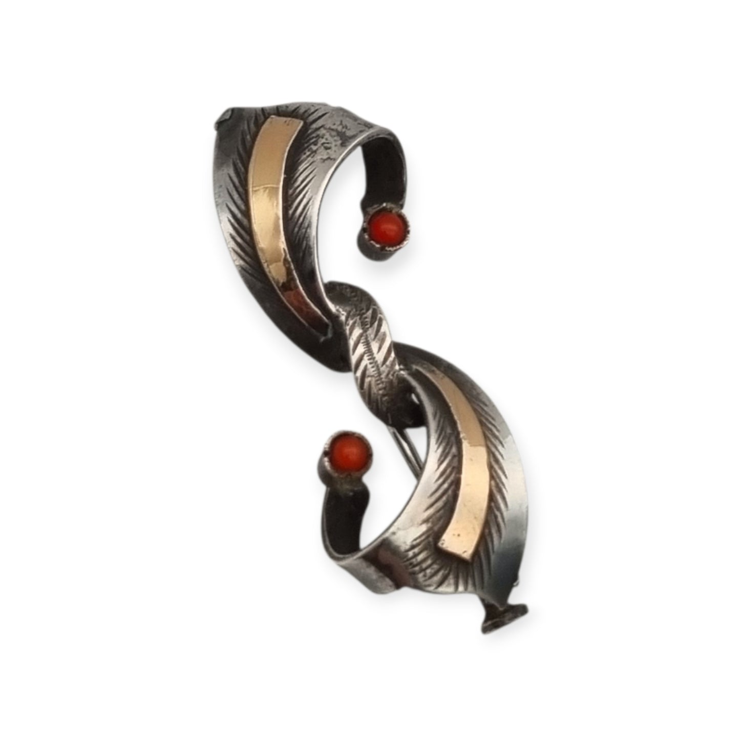 Broche Art Déco español en plata con vistas de oro y cabujones rojos, joyería antigua circa 1940–1950