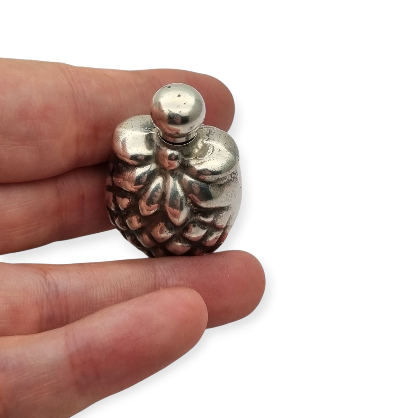 Sterling silver miniature perfume bottle in the form of a pineapple, circa 1970–1980