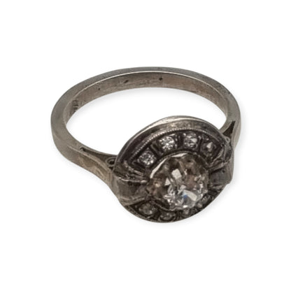 French Art Deco ring in tested silver with central crystal and rhinestones, vintage jewelry circa 1925–1950