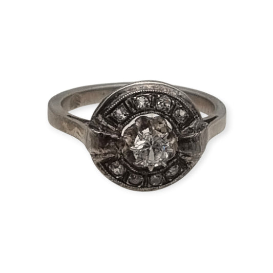 Anillo Art Déco francés en plata testada con cristal central y estrás, joyería vintage circa 1925–1950