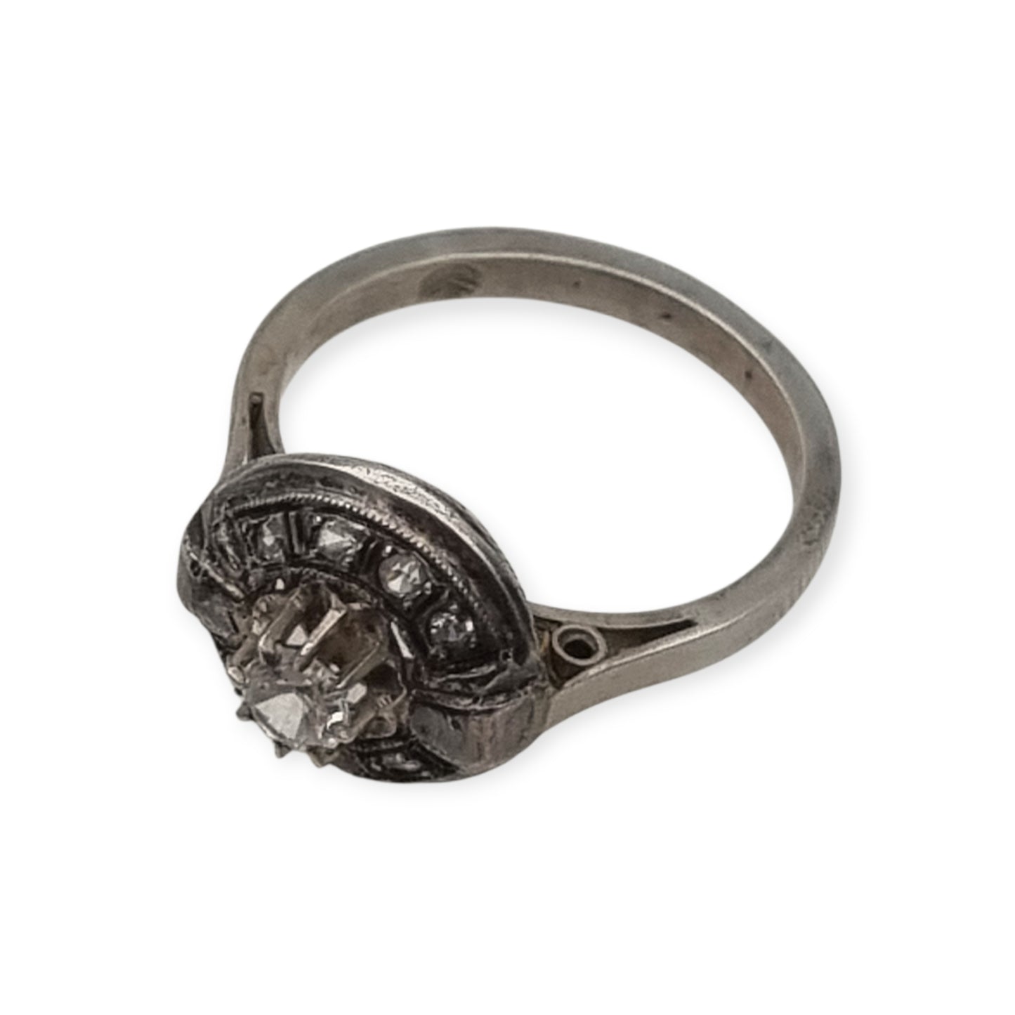 French Art Deco ring in tested silver with central crystal and rhinestones, vintage jewelry circa 1925–1950