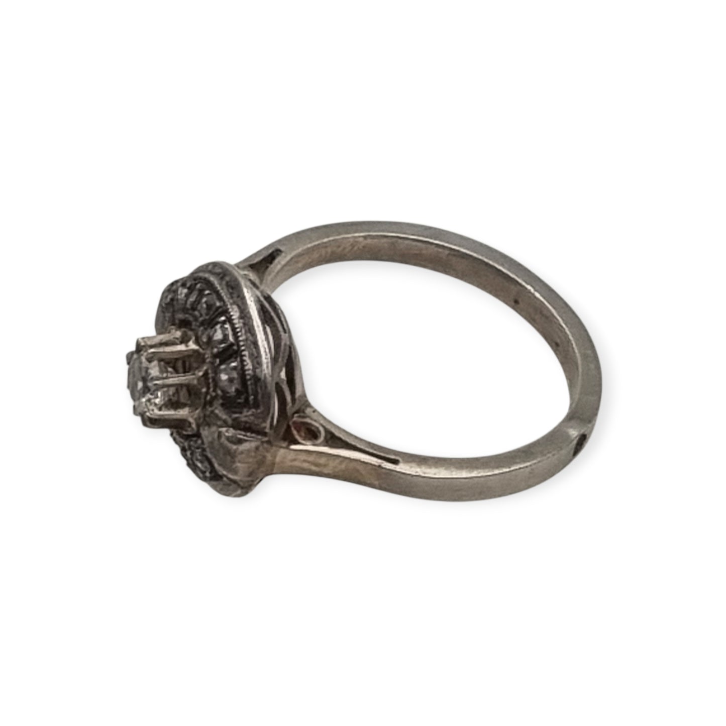 French Art Deco ring in tested silver with central crystal and rhinestones, vintage jewelry circa 1925–1950