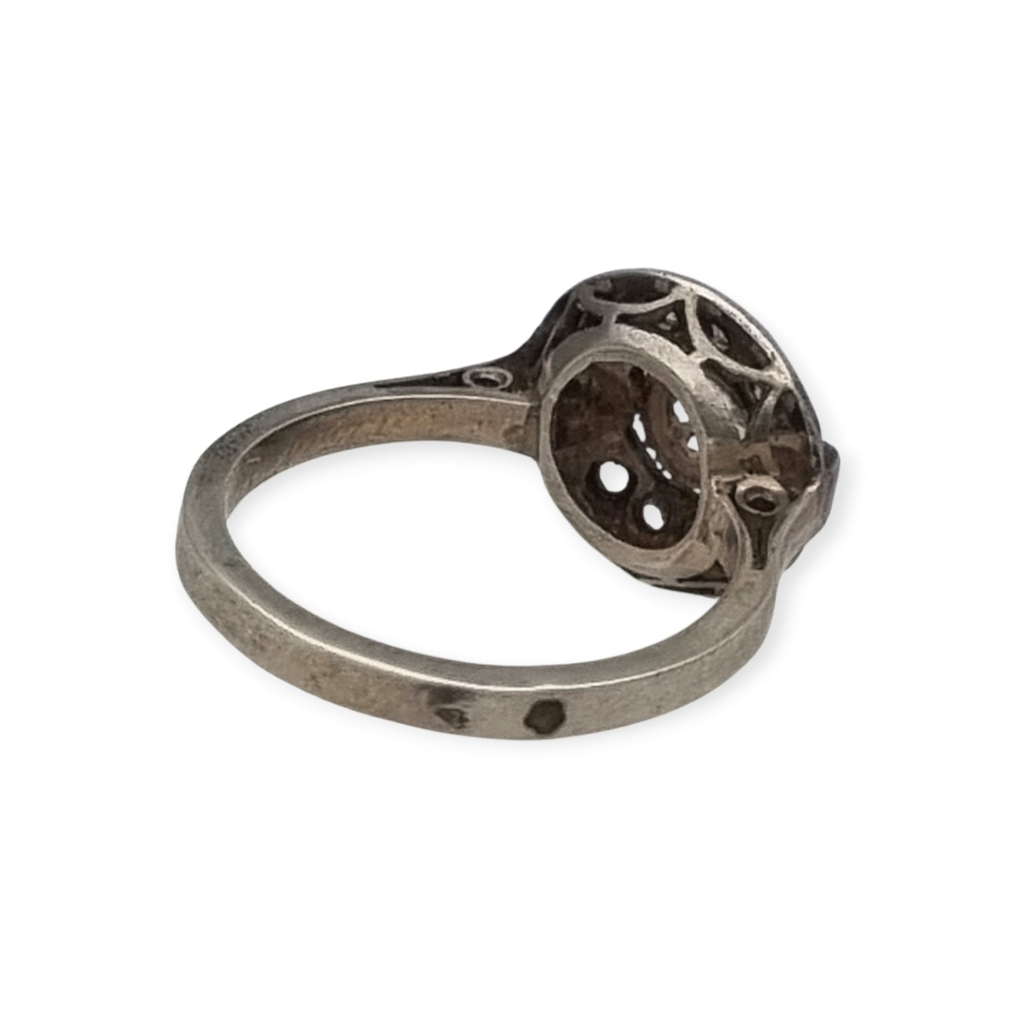 French Art Deco ring in tested silver with central crystal and rhinestones, vintage jewelry circa 1925–1950
