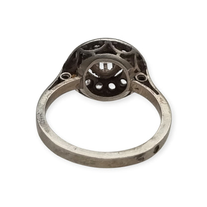 French Art Deco ring in tested silver with central crystal and rhinestones, vintage jewelry circa 1925–1950