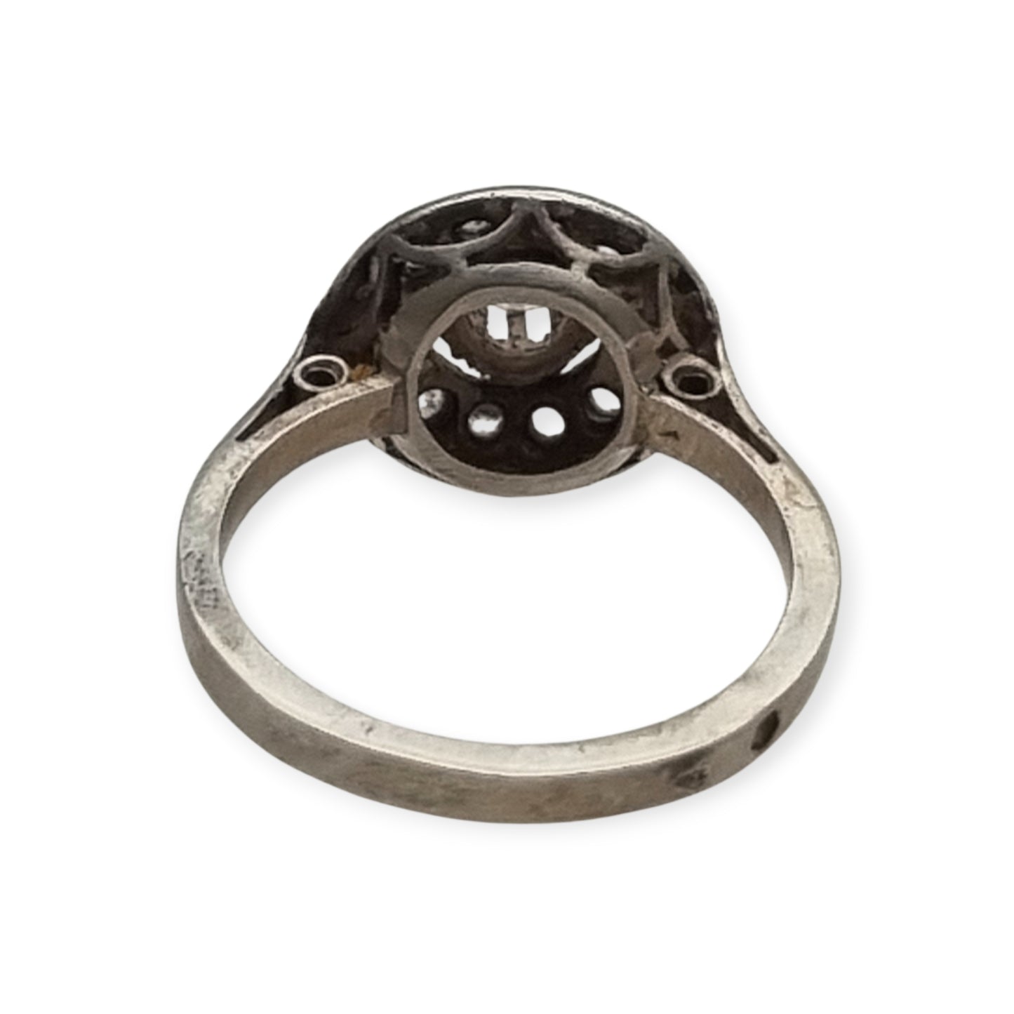 French Art Deco ring in tested silver with central crystal and rhinestones, vintage jewelry circa 1925–1950