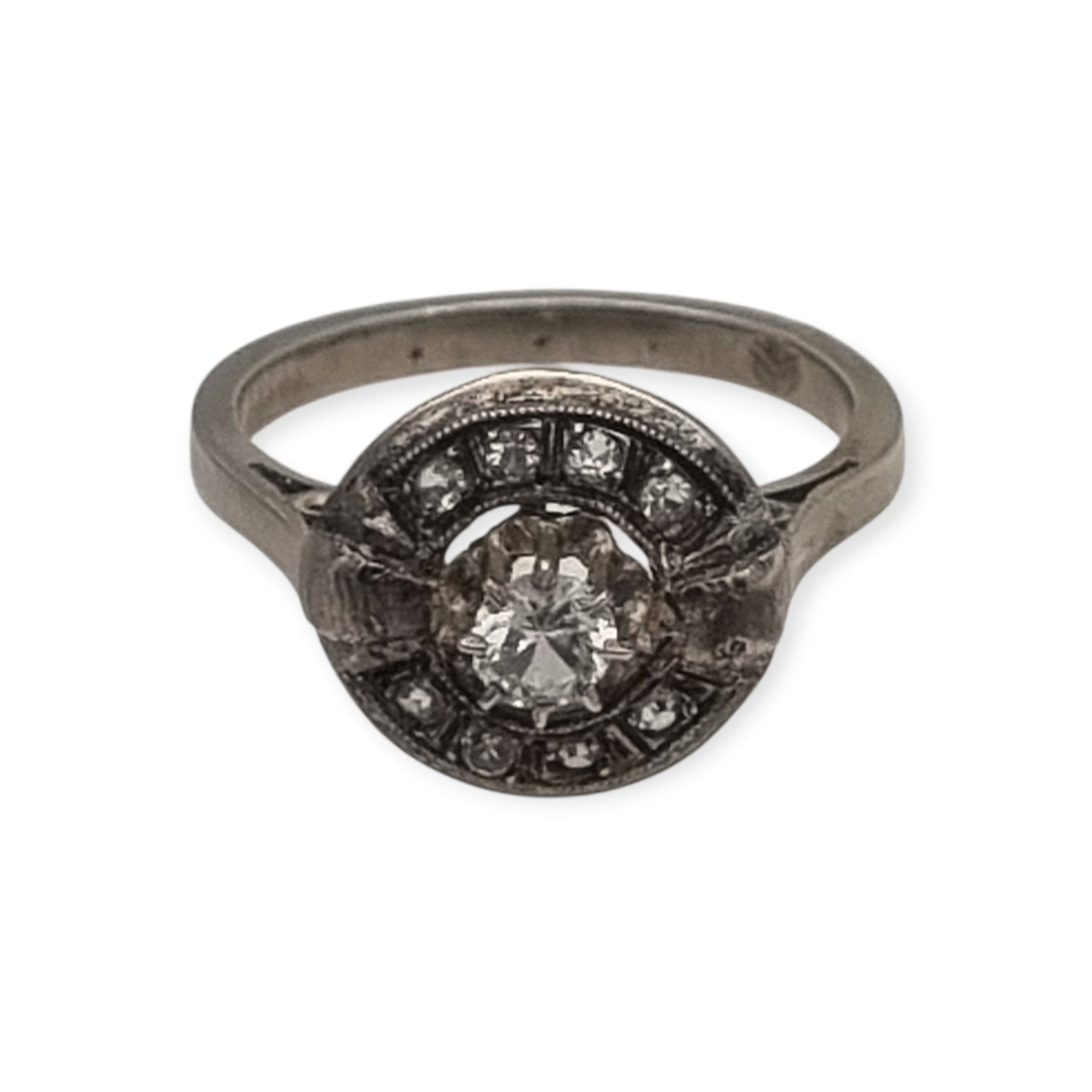 French Art Deco ring in tested silver with central crystal and rhinestones, vintage jewelry circa 1925–1950