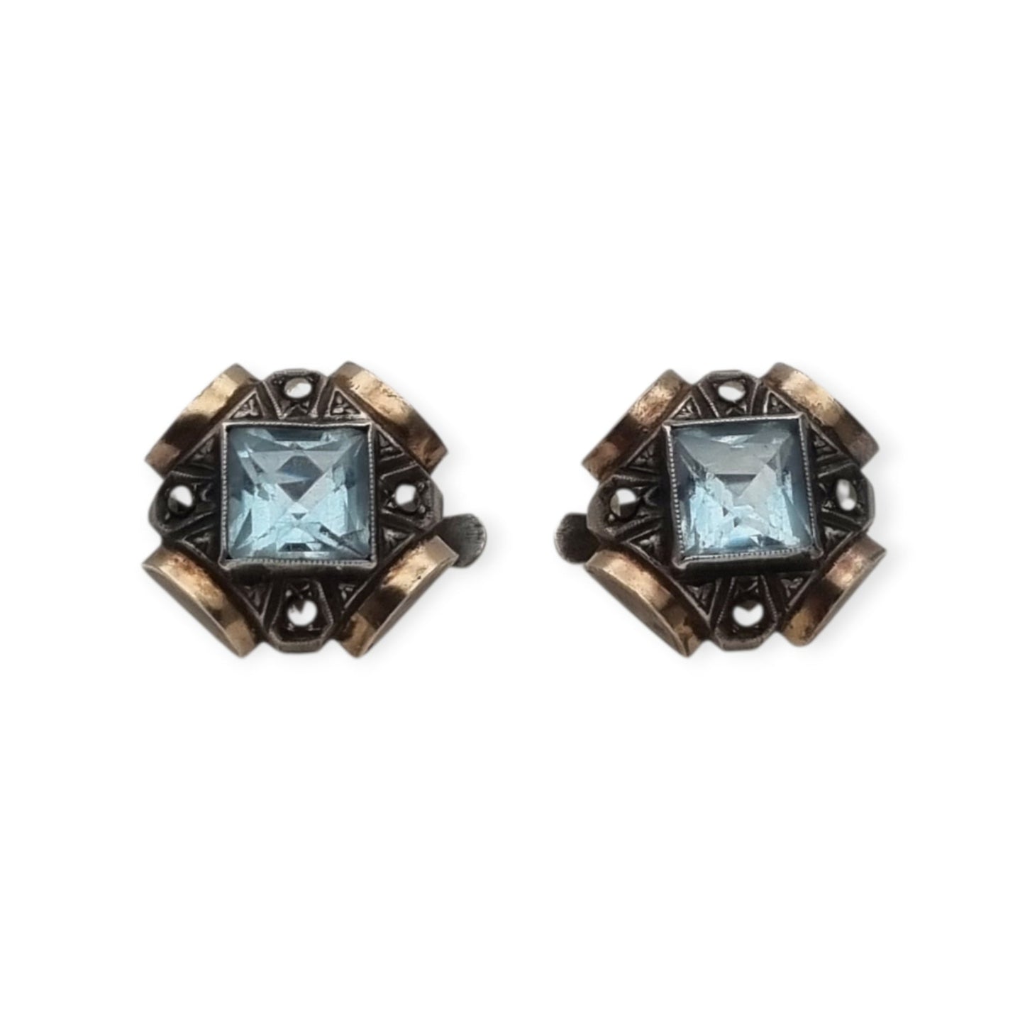 Catalan Art Deco silver earrings with blue crystal, marcasites and gold accents, Spain, ca. 1940