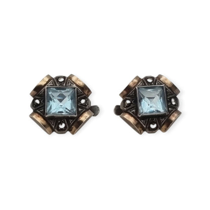 Catalan Art Deco silver earrings with blue crystal, marcasites and gold accents, Spain, ca. 1940